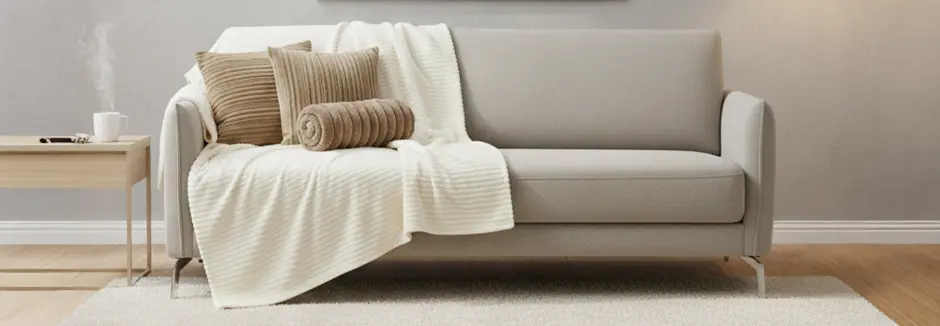 Helles Wohnzimmer mit grauem Sofa, Kissen und Decke, Beistelltisch und Stehlampe.